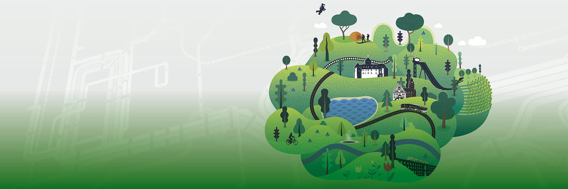 Illustration für Kampagnenmotiv: immergün mit Bus und Bahn unterwegs