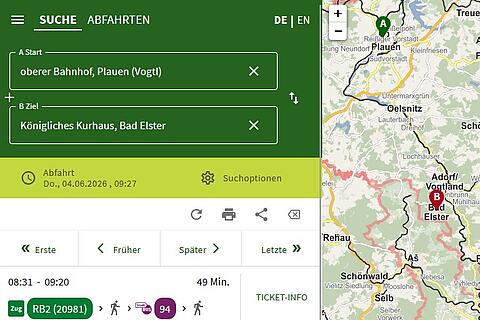 Eine digitale Fahrplanauskunft zeigt eine Verbindung von Plauen nach Bad Elster mit Karte, Abfahrtszeiten und Umstiegen.