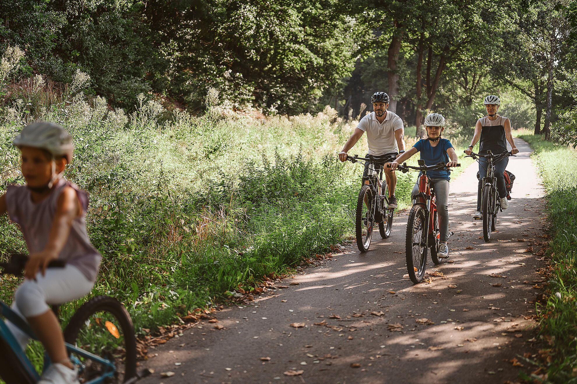 Eine Familie fährt auf Fahrrädern einen Waldweg entlang, umgeben von hohen Bäumen und natürlichem Licht.