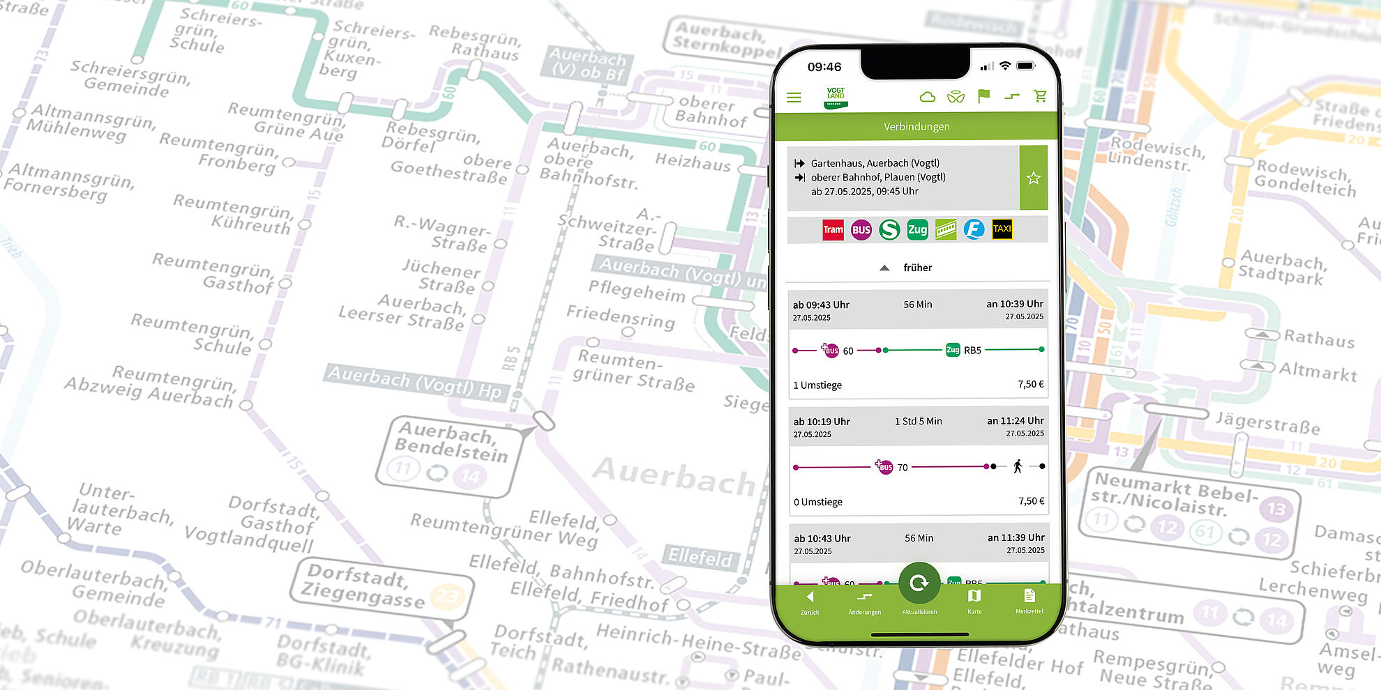 Grafische Darstellung für die App VVV mobil, mit Liniennetz als Hintergrundelement