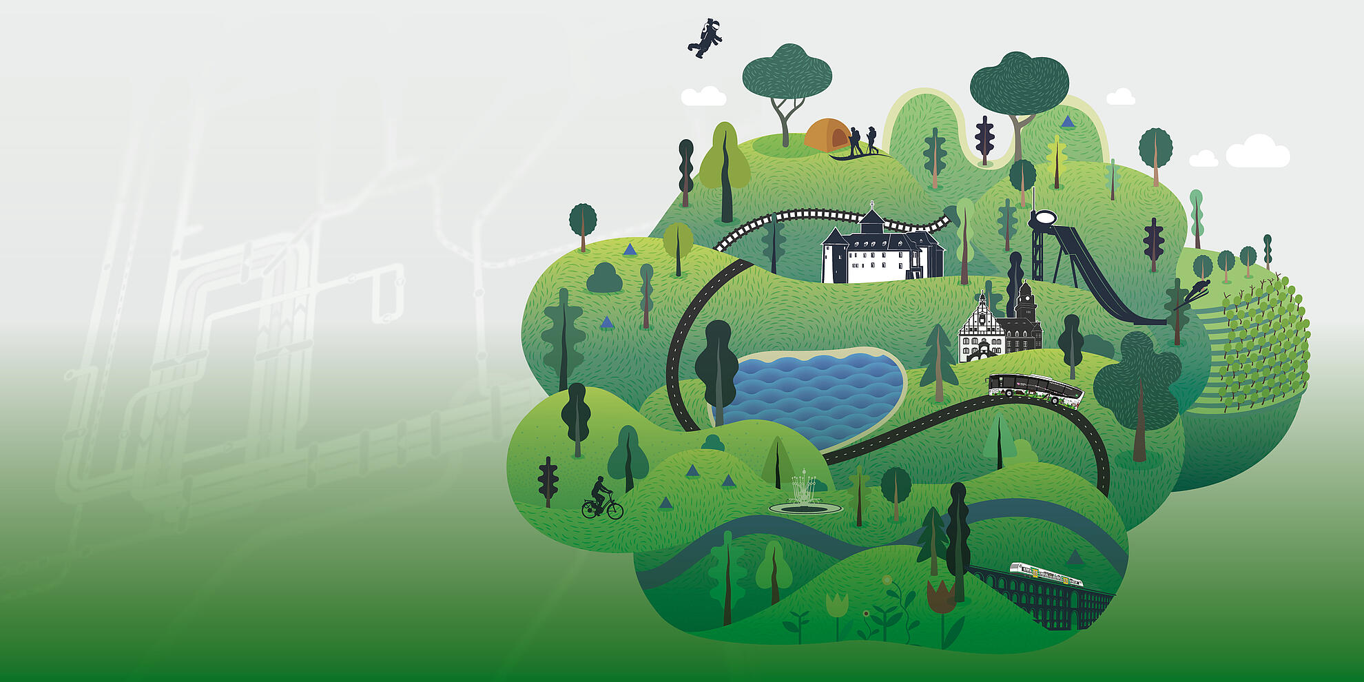 Illustration für Kampagnenmotiv: immergün mit Bus und Bahn unterwegs