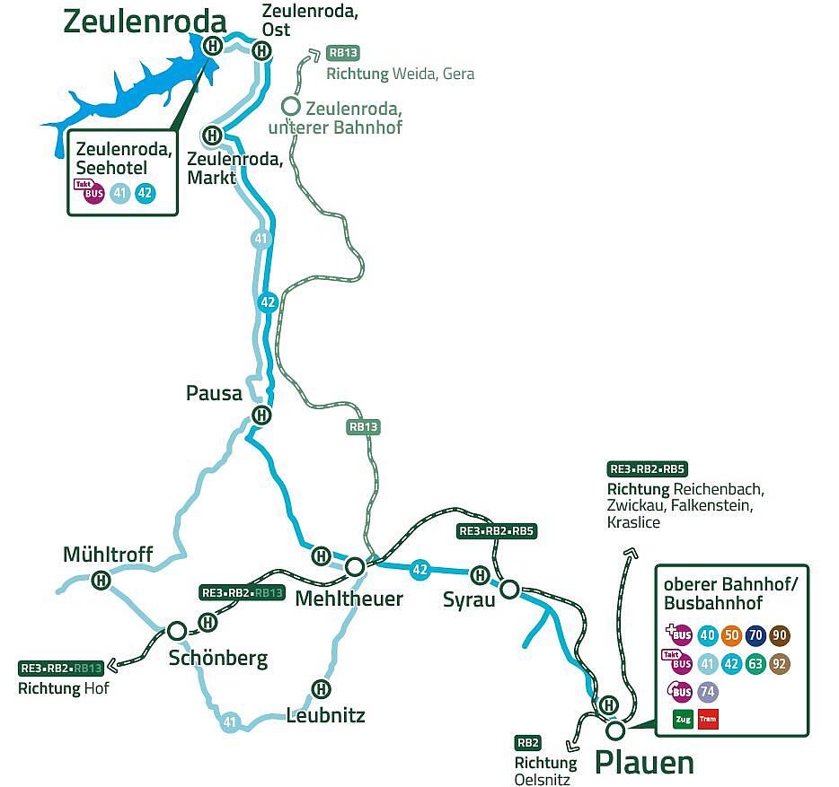 Überblickskarte TaktBus 41 und 42 zwischen Plauen und Zeulenroda