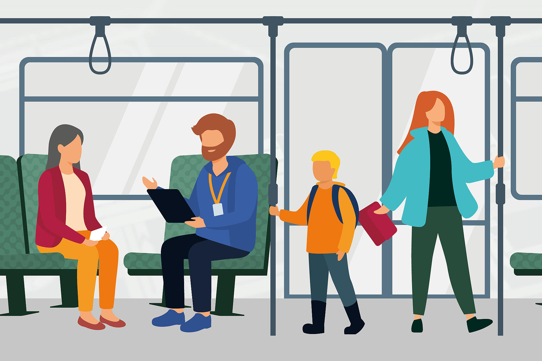 Illustration mit 4 Personen in einem Bus, dabei befragt ein Interviewer einen Frau im Rahmen einer Fahrgastbefragung