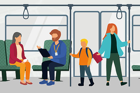 Illustration mit 4 Personen in einem Bus, dabei befragt ein Interviewer einen Frau im Rahmen einer Fahrgastbefragung