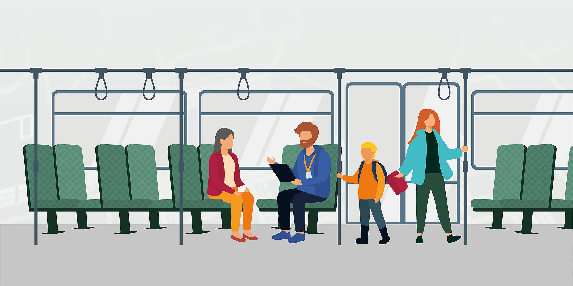 Illustration mit 4 Personen in einem Bus, dabei befragt ein Interviewer einen Frau im Rahmen einer Fahrgastbefragung