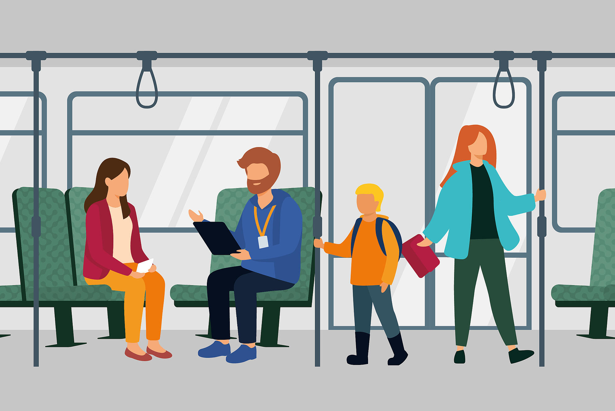 Illustration zeigt wie Fahrgäste im Bus zu ihrer Fahrt befragt werden