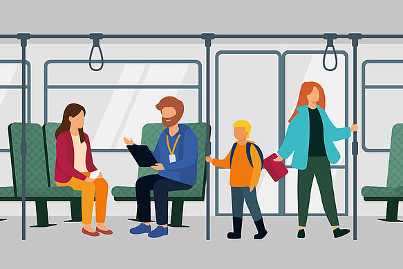 Illustration zeigt wie Fahrgäste im Bus zu ihrer Fahrt befragt werden